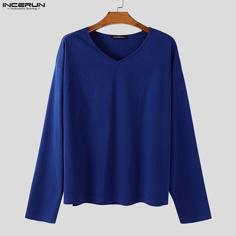 INCERUN Oversized Men Undershirts V Neck Long Sleeve Casual Loose T-shirts Tops