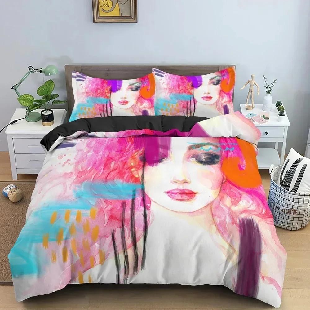 Carton Girly Watercolor Fashion Girl Modern Women Beding Set Bedrom Soft Bedspreads Comefortable Soft with Soft Fabric Duvet Cover Pilowcase