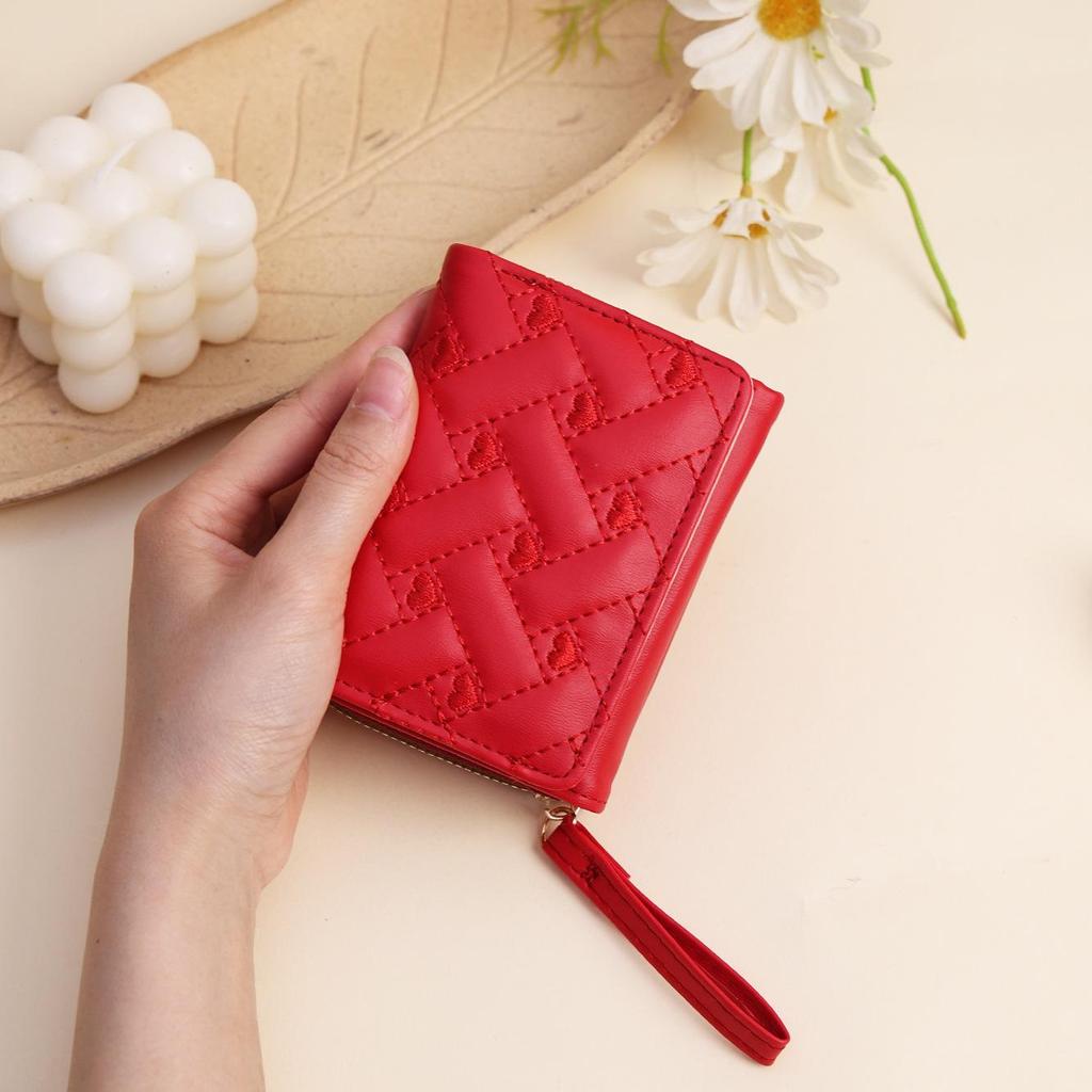 Women's Tri-fold Wallet: Simple Fashion, Embroidered Heart Design, Multi-Card Slots, Money Clip