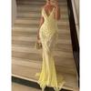 European and American Women Clothes V-neck Sexy Sling Backless Slim Fit Sequin Fishtail Formal Dress Beach Seaside Photography Yellow Long Dress