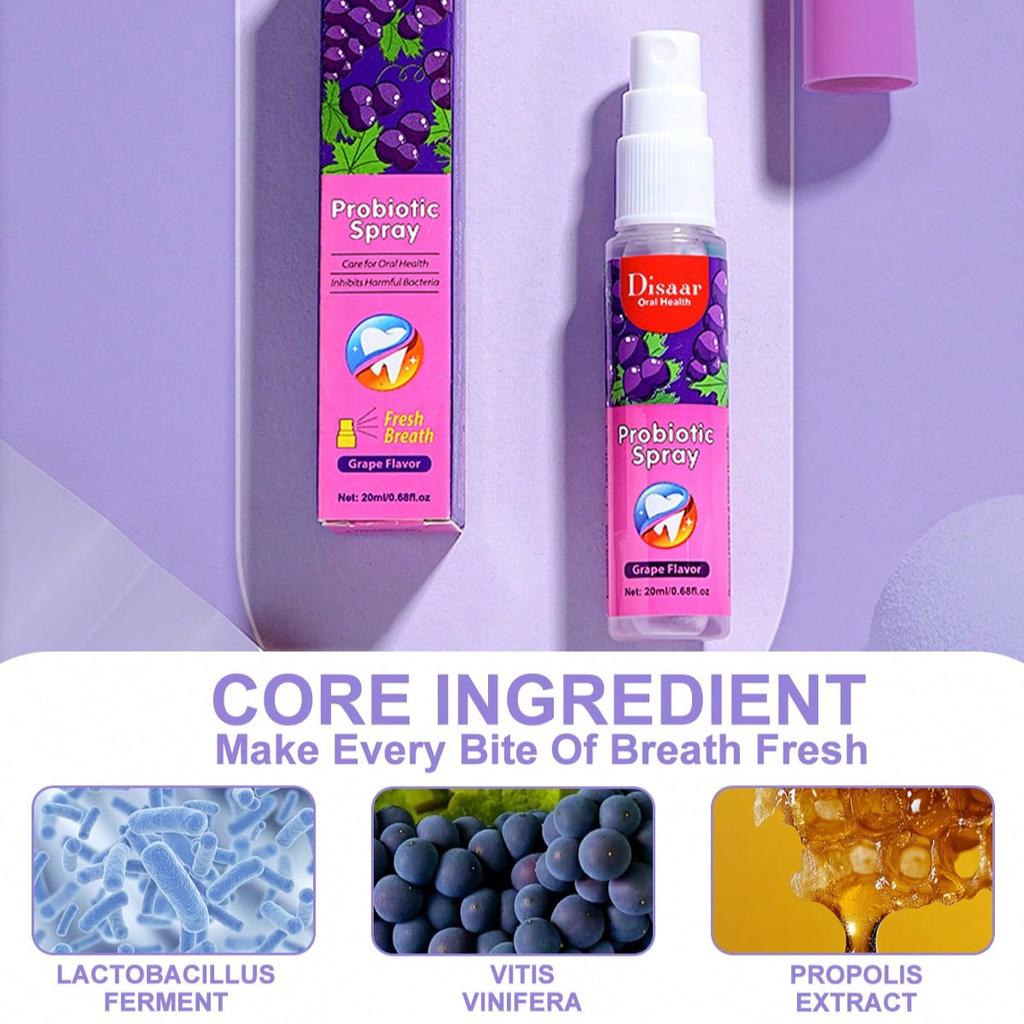 Grape oral spray breath freshener eliminates bad breath freshens breath inhibits harmful bacteria portable