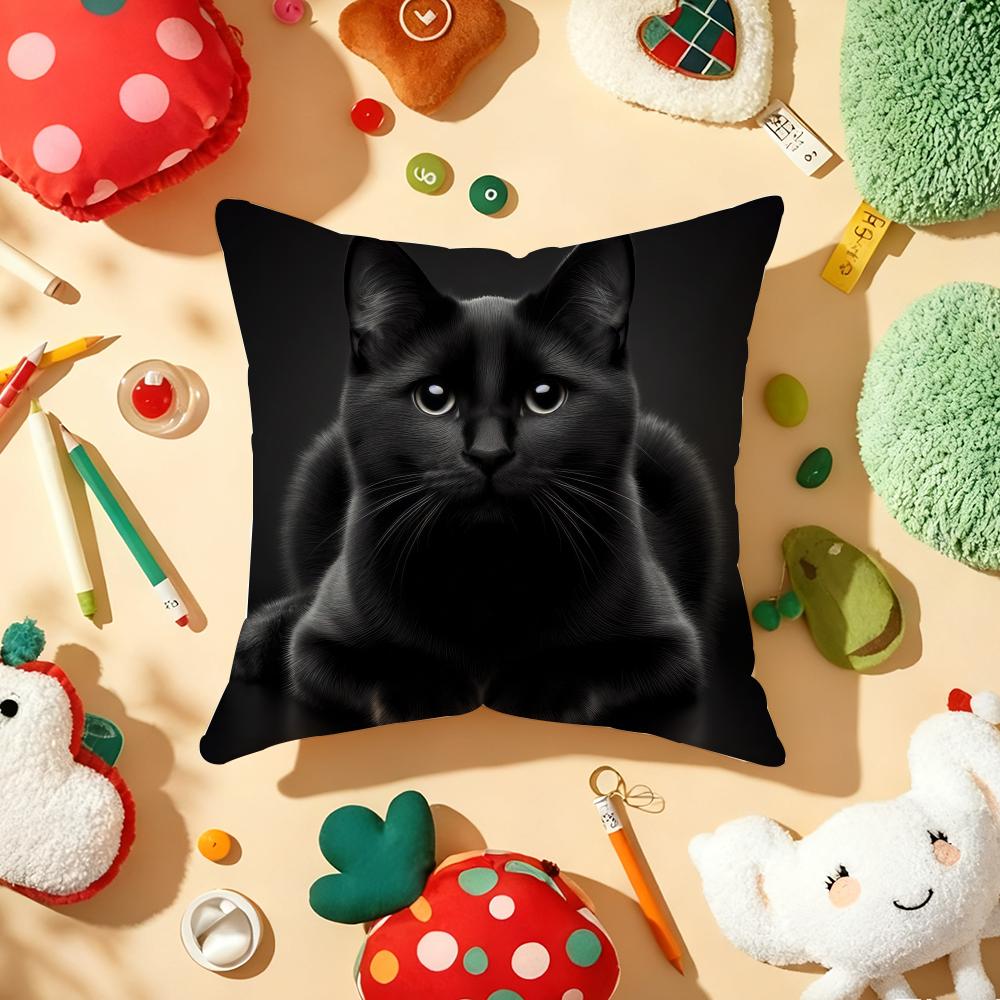 Black Cat Cute Kitty Cushion Cover Plush Fabric Soft Double-Sided Printed Sofa Warm Winter Home Gift Pillow Cover