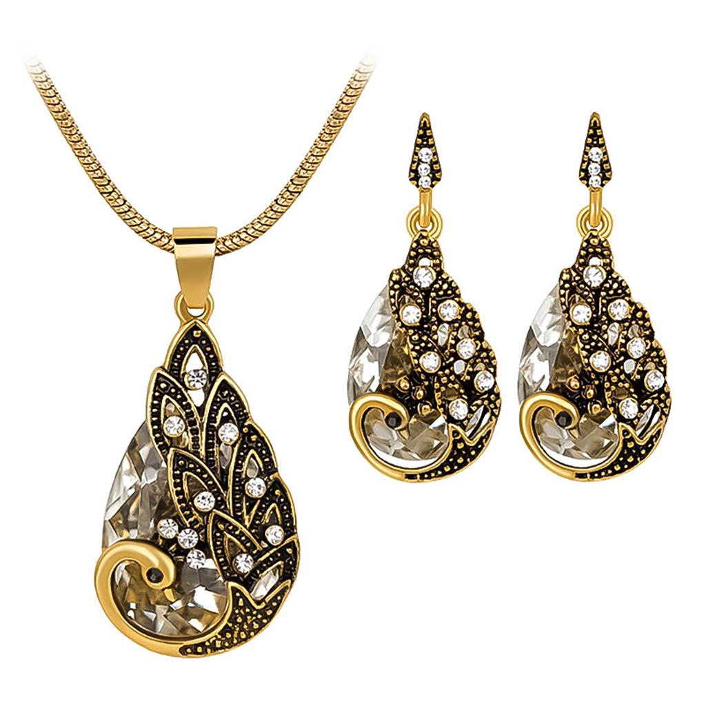 Vintage Style Teardrop Pendant Necklace and Earrings Set with Crystal Accents and Gold Tone Metal for Women Jewelry Accessories