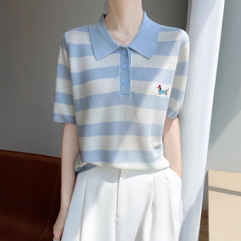 Embroidered Wide Striped Lapel Knitted Short-sleeved Base Shirt A New Summer Top