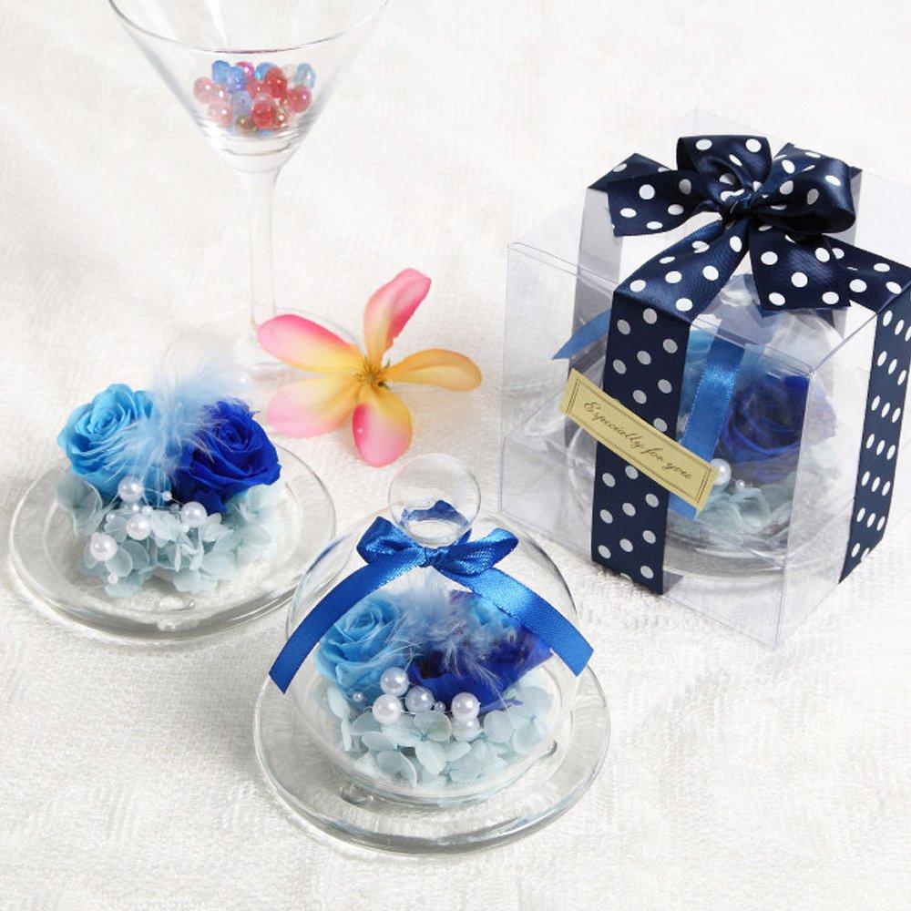 Teatsite Preserved Flower Arrangement, Pre-Wrapped, Glass Pot, 2 Flowers (5 Blue Roses)