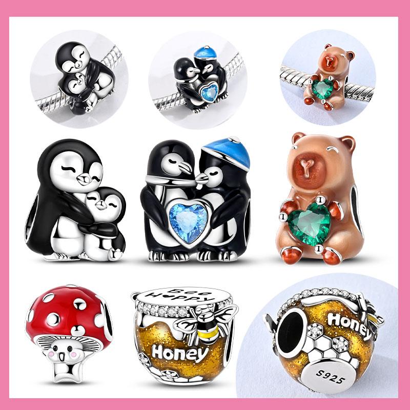 Copper Charms Cute Mushroom Honey Pot Penguin Holds Heart Beads Pendant Fit Original Bracelet Diy Jewelry For Women