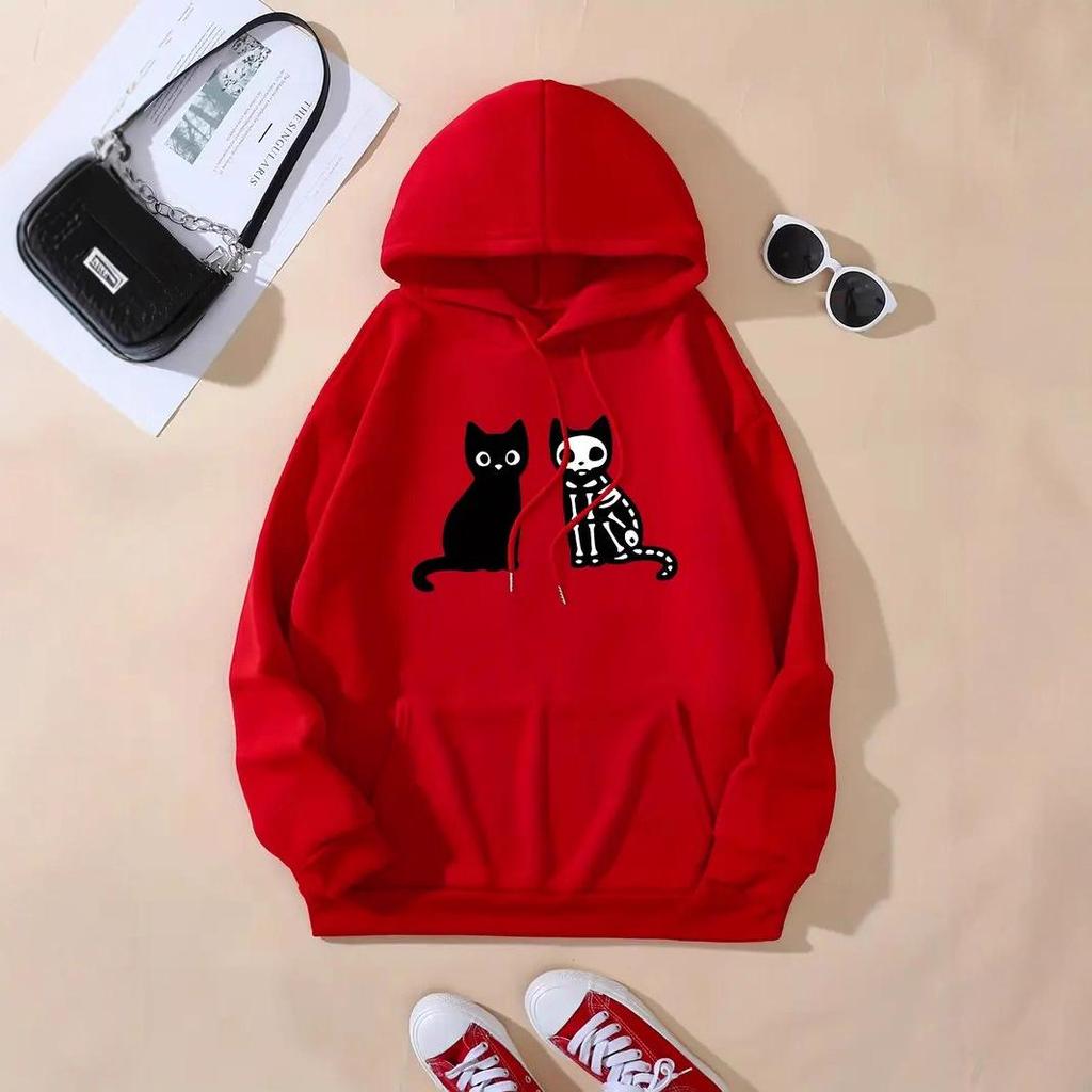 2025 American Style Cat Pattern Hooded Sweatshirt - Loose Fit for Autumn/Winter