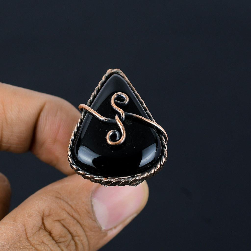 Black Onyx Gemstone Copper Wire Wrapped Handmade Jewelry Ring For Woman
