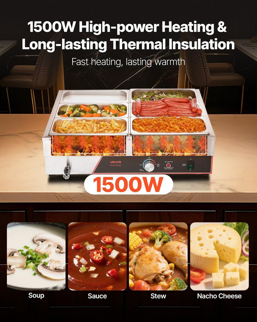 Commercial Food Warmer, 1500W Electric Stainless Steel Steam Food Warming with Lid, 6-Pan Fast Heating Countertop Buffet Bain Marie with Power Cord,