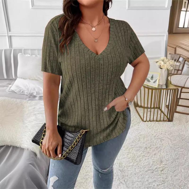 Spring Summer Women's Tops Solid Color V-neck Loose Pit Stripe Brushed Short Sleeved T Shirt