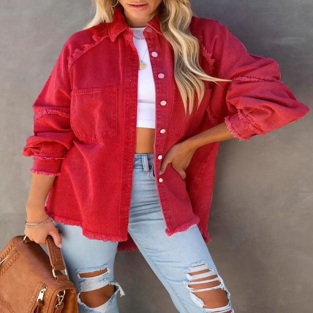Damen Frühling und Herbst Knopf Casual Langarm Loose Tassel Jeansjacke