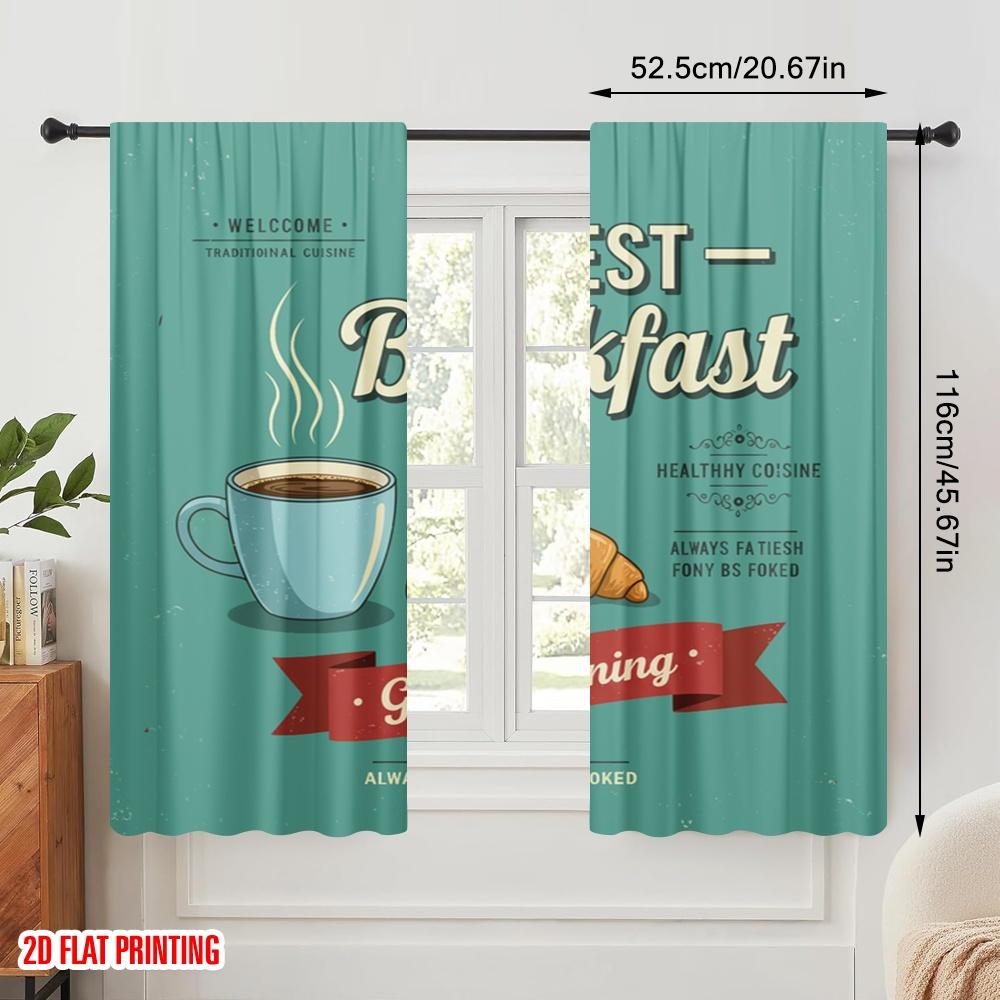 2pcs 2D flat printing Drapes Traditional Breakfast Coffee Croissant Polyester Without Electricity Festive Wall Decor Use for