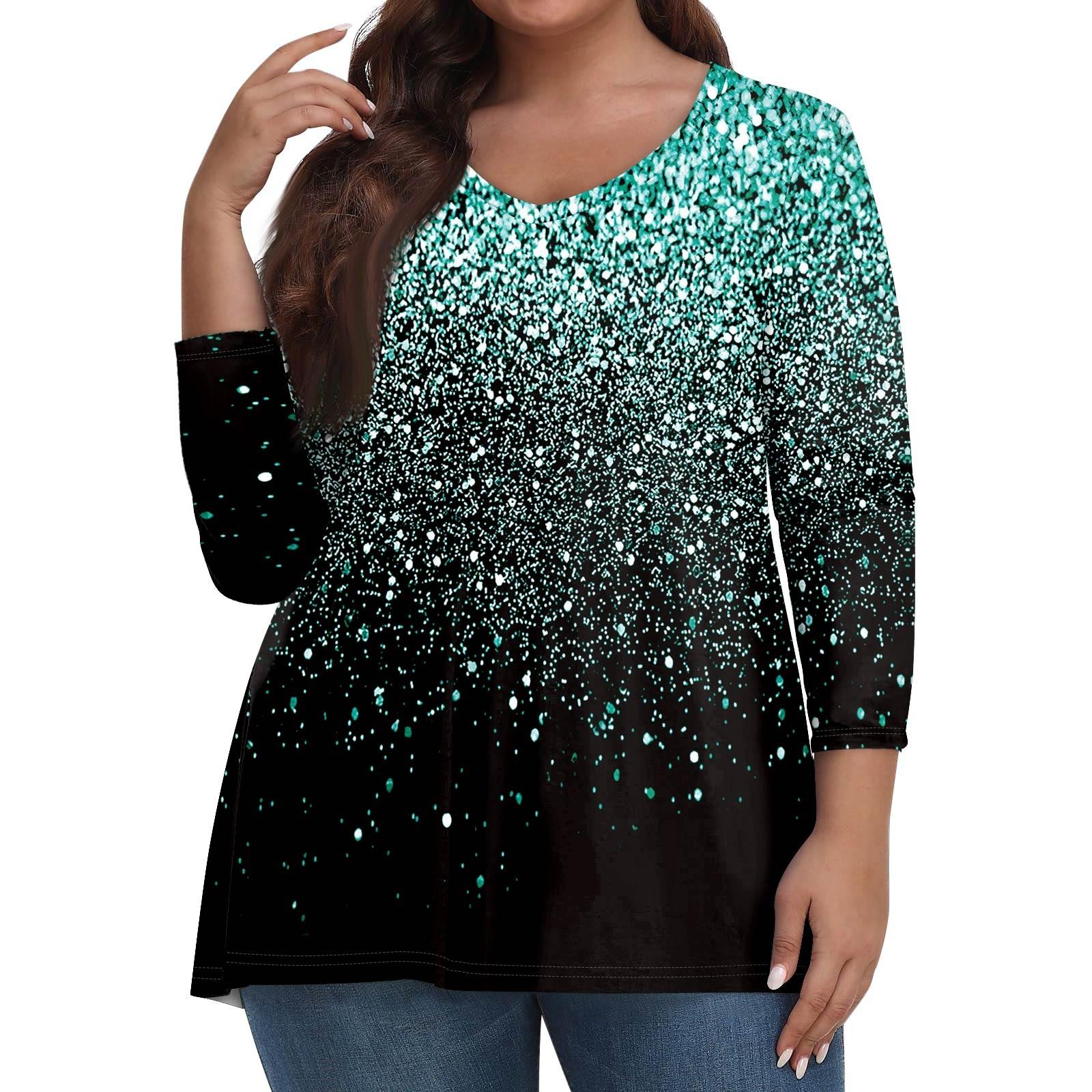 

Женские топы больших размеров, рубашки с рукавами 3/4, повседневная одежда с V-образным вырезом, топы с принтами XXL циан