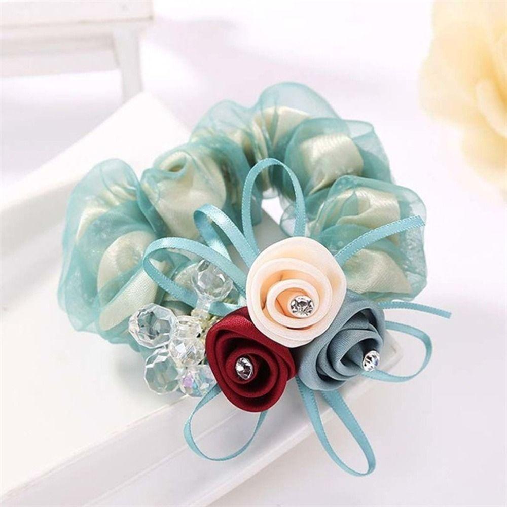 Headwear Beaded Hair Bands Flower Mesh Scrunchies Women Hair Ties Hair Rubber Bands Double Layer