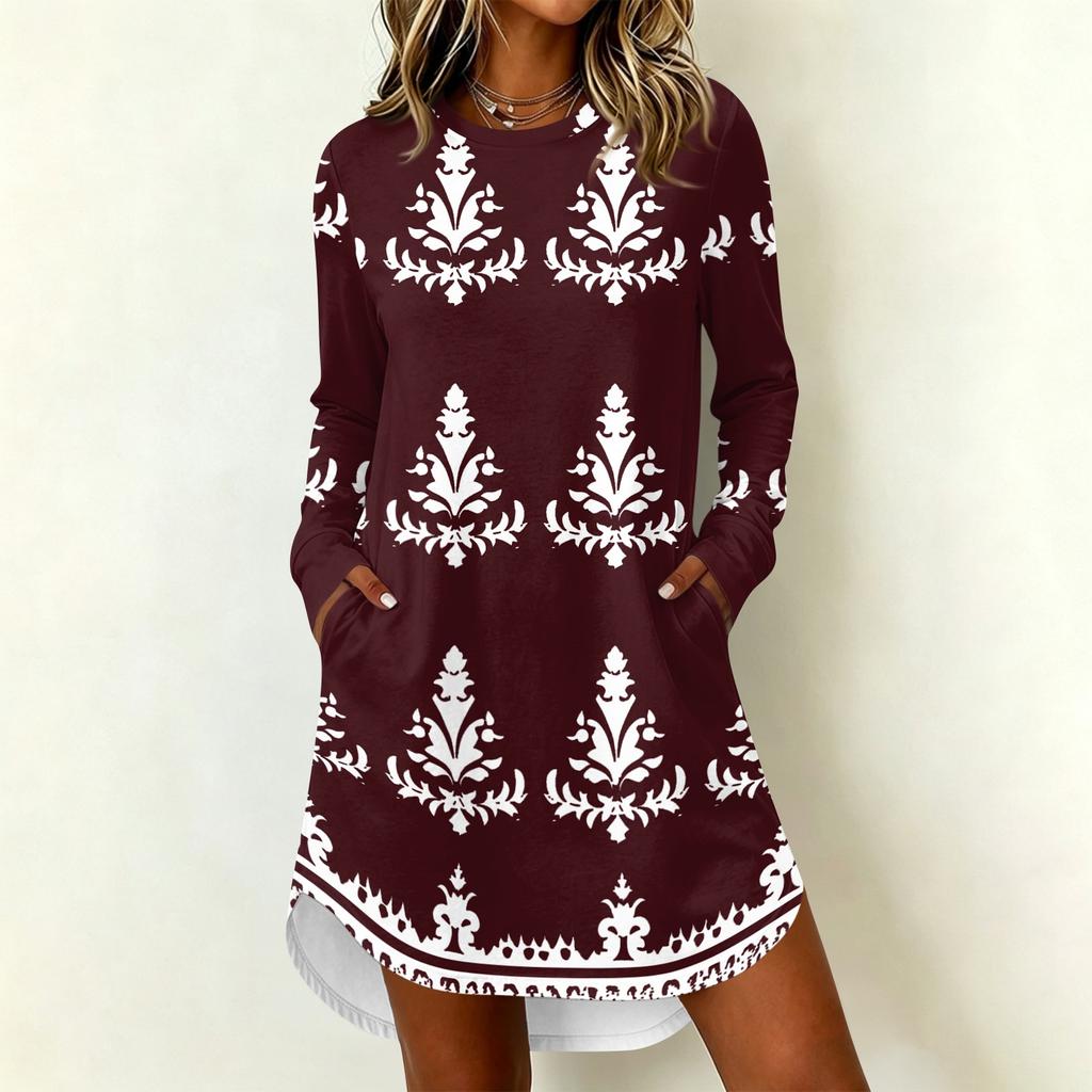 Women's Fashion Casual Geometric Print Long Sleeve Neck Dress for Everyday Wear