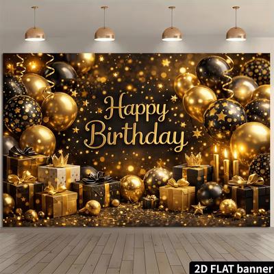 2D Happy Birthday Backdrop Black Gold Glitter Balloon Photo Booth Background