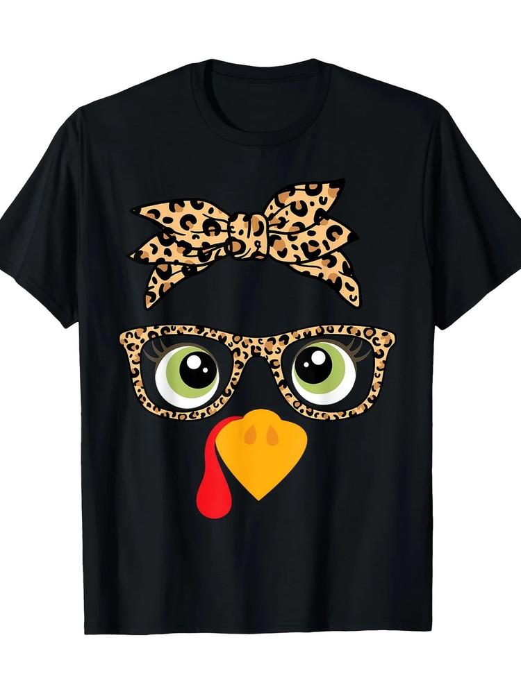 

220g 100% Cotton Thanksgiving Turkey Face Leopard Print Glasses T-Shirt XL