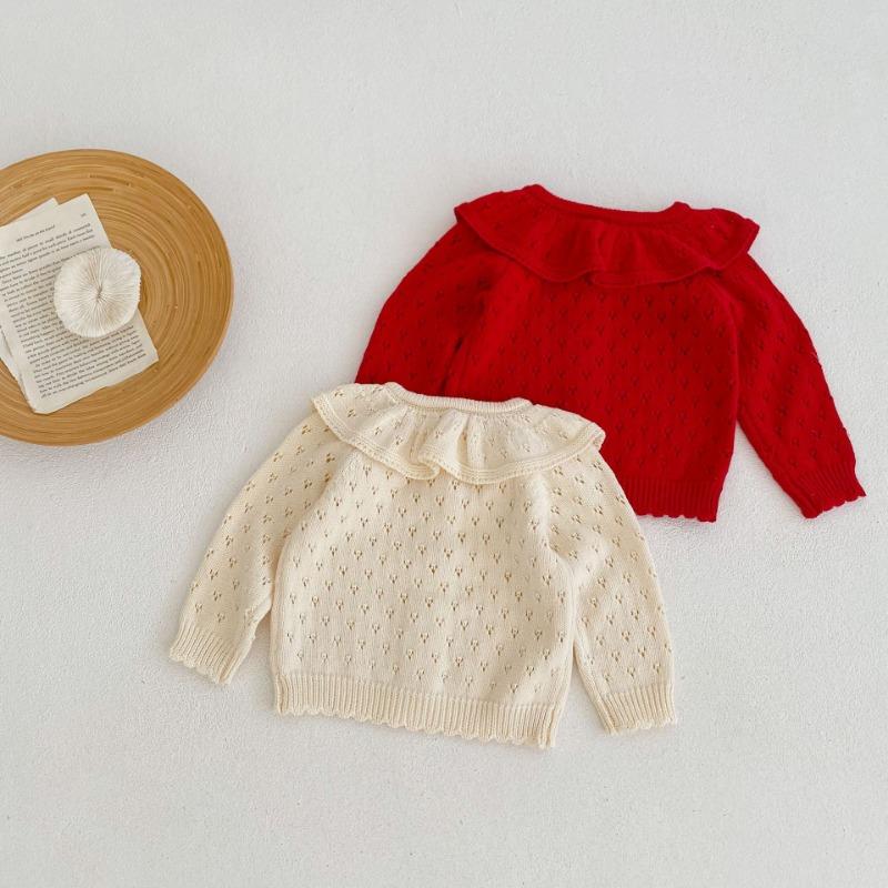 Autumn and Winter Baby Girl Knitted Cardigan Lotus Collar Hollow Long Sleeve Sweater Coat