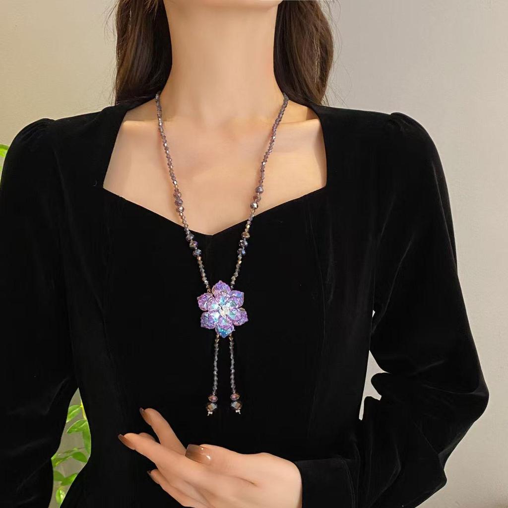 Purple Crystal Flower Sweater Chain: Elegant Women's Long Necklace, New Chinese Style, Versatile Pendant Accessory