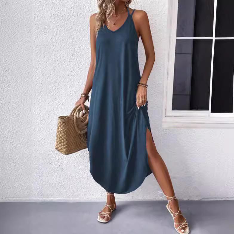 2024 Summer Elegant Women's A-line Halter Dress - Cotton Polyester Blend