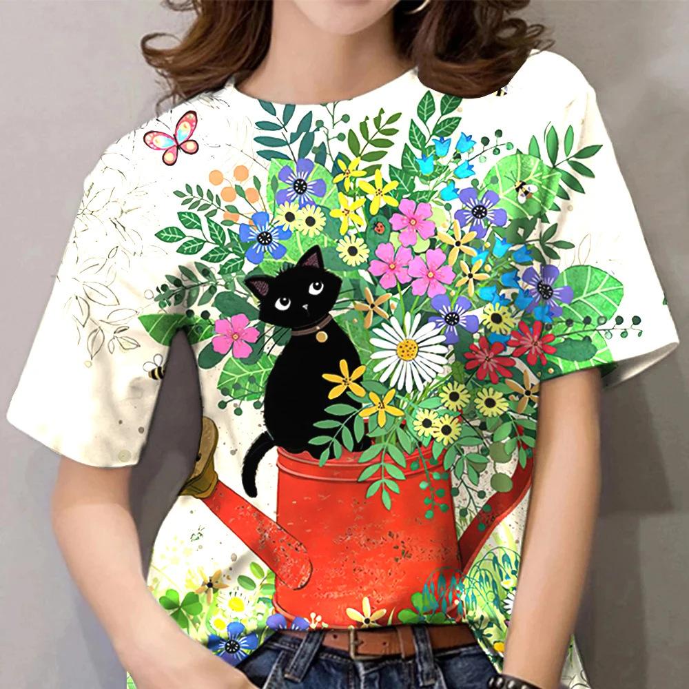 Cute Cat Sketch 3D Printed Women's Harajuku Round Neck Short Sleeved T-shirt
