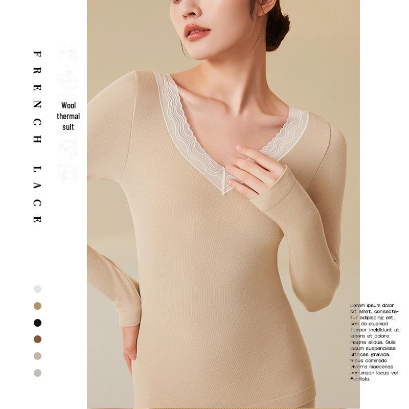 Women's V-Neck Wool Thermal Underwear Set – Seamless Slim Fit for Autumn Warmth