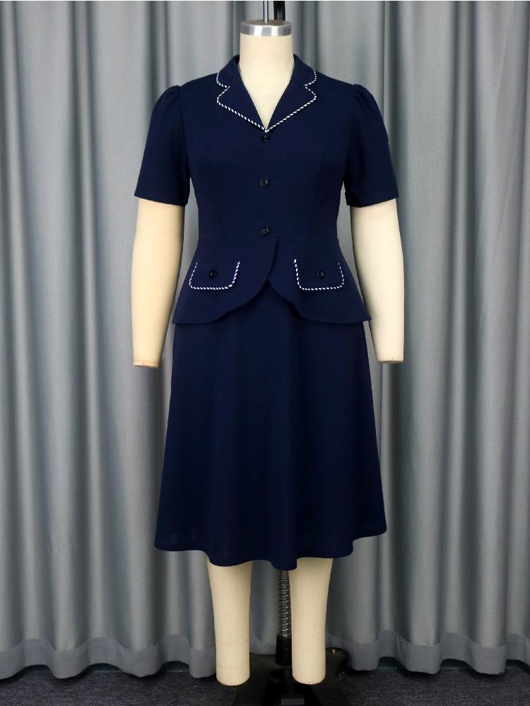 AOMEI Elegant Women Dresses Turn-Down Collar High Waist A Line Short Sleeve Knee-Length Causal Office Gowns Plus Size