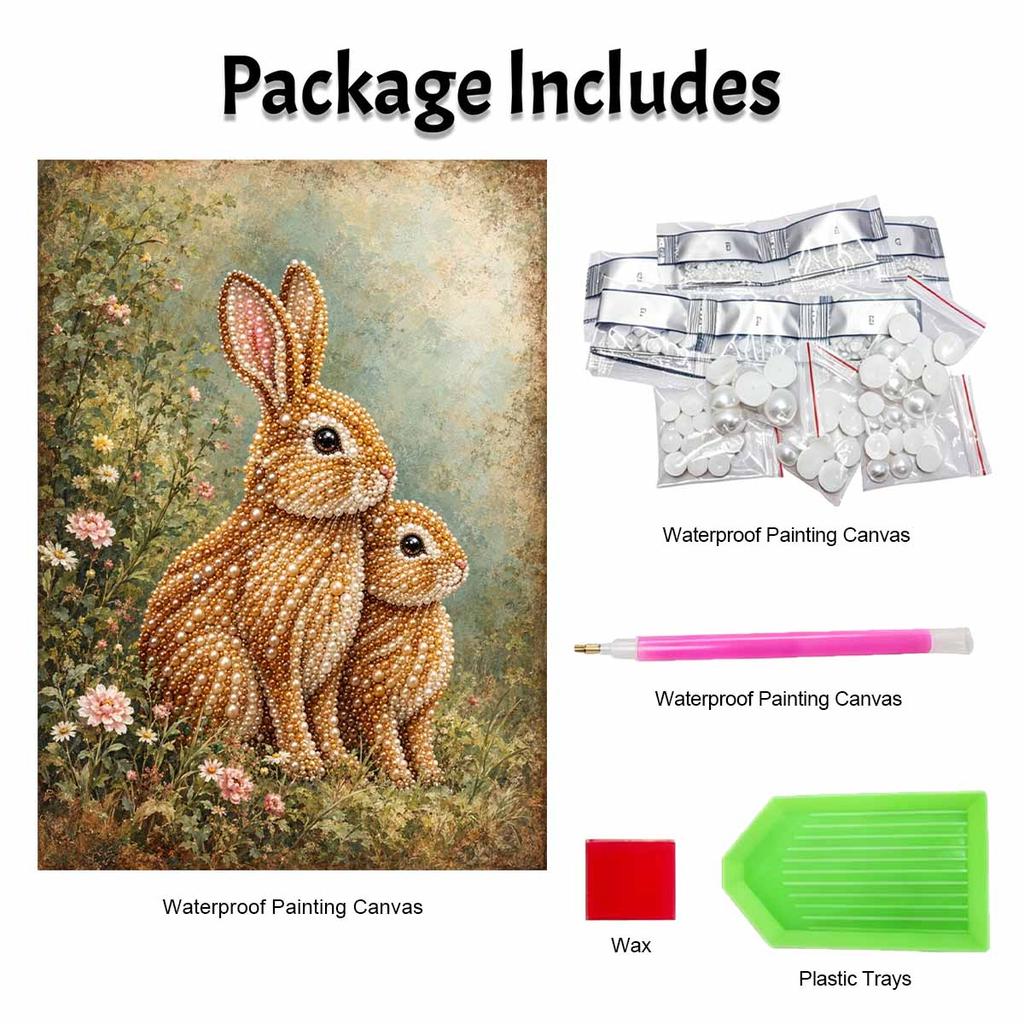 Two Rabbits Pearl Art Kit with Frame 3D Sparkling Bead Canvas Relaxing Craft for Cozy Room Wall Decor Aesthetic Floral Home Decoration