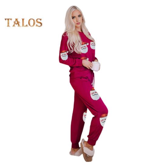 

2 шт./компл. женский осенне-зимний комплект Рождественская елка Снеговик Санта-принт с блестками и круглым вырезом с длинным рукавом Топ с эластичной резинкой на талии Брюки Набор Новогодняя праздничная вечеринка L вино красного