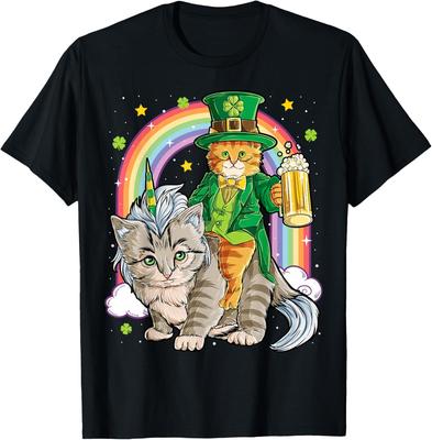 Leprechaun Cat Riding  Rainbow Beer St Patricks Day Graphic Tee Unisex Casual Trip