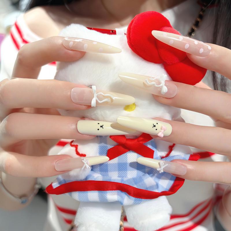 White 3D Bow & Polka Dot Hand-Painted Cat Press-On Nails - Long, Detachable