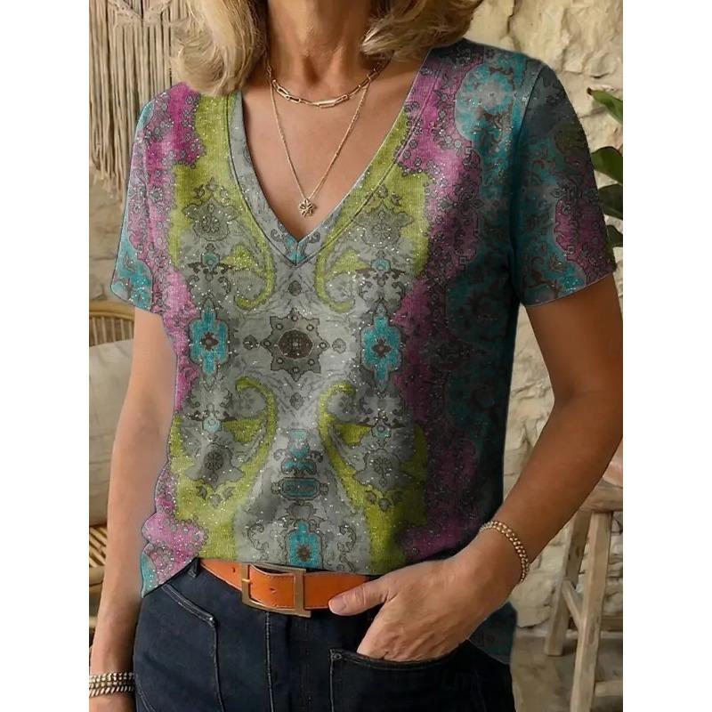 

Women s Vintage Classic V Neck Short Sleeve T-Shirt Print Casual Regular Tops Daily Going Out Wear Blue Purple Green for Summer XL