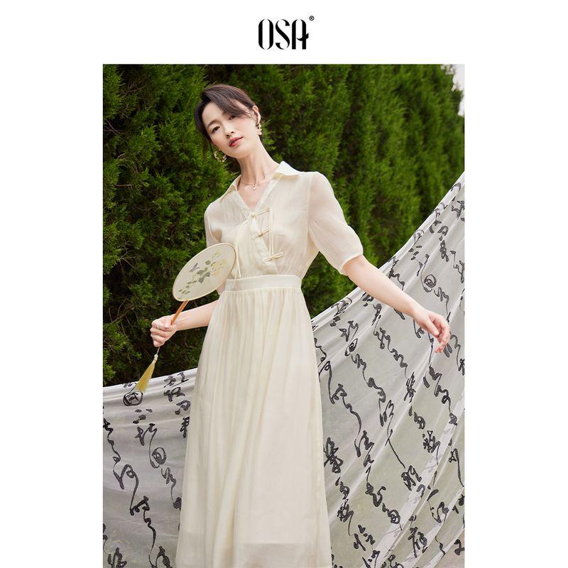 

OSA National Style V-neck Dress Women s Summer Chiffon Buckle Meters apricot L