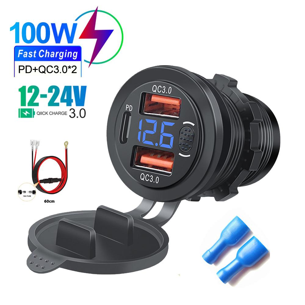 86W 4-Ports USB Charger with LED Voltmeter Dual PD & Dual QC3.0 Fast Charging Adapter Waterproof For 12/24V Car Boat Motorcycle