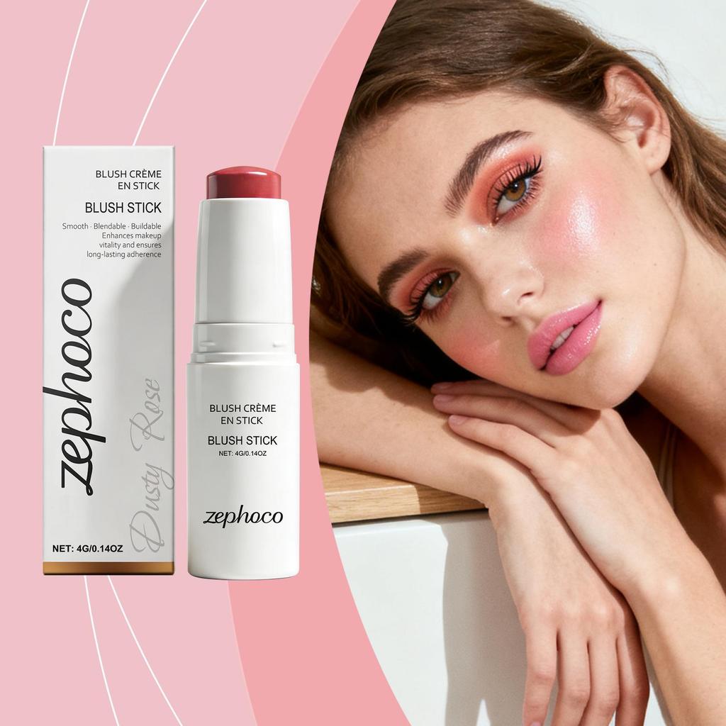 Zephoco Soft Matte Long-Lasting Blush Stick in Dusty Rose: Gentle, Moisturizing, Lightweight, Adheres Well.
