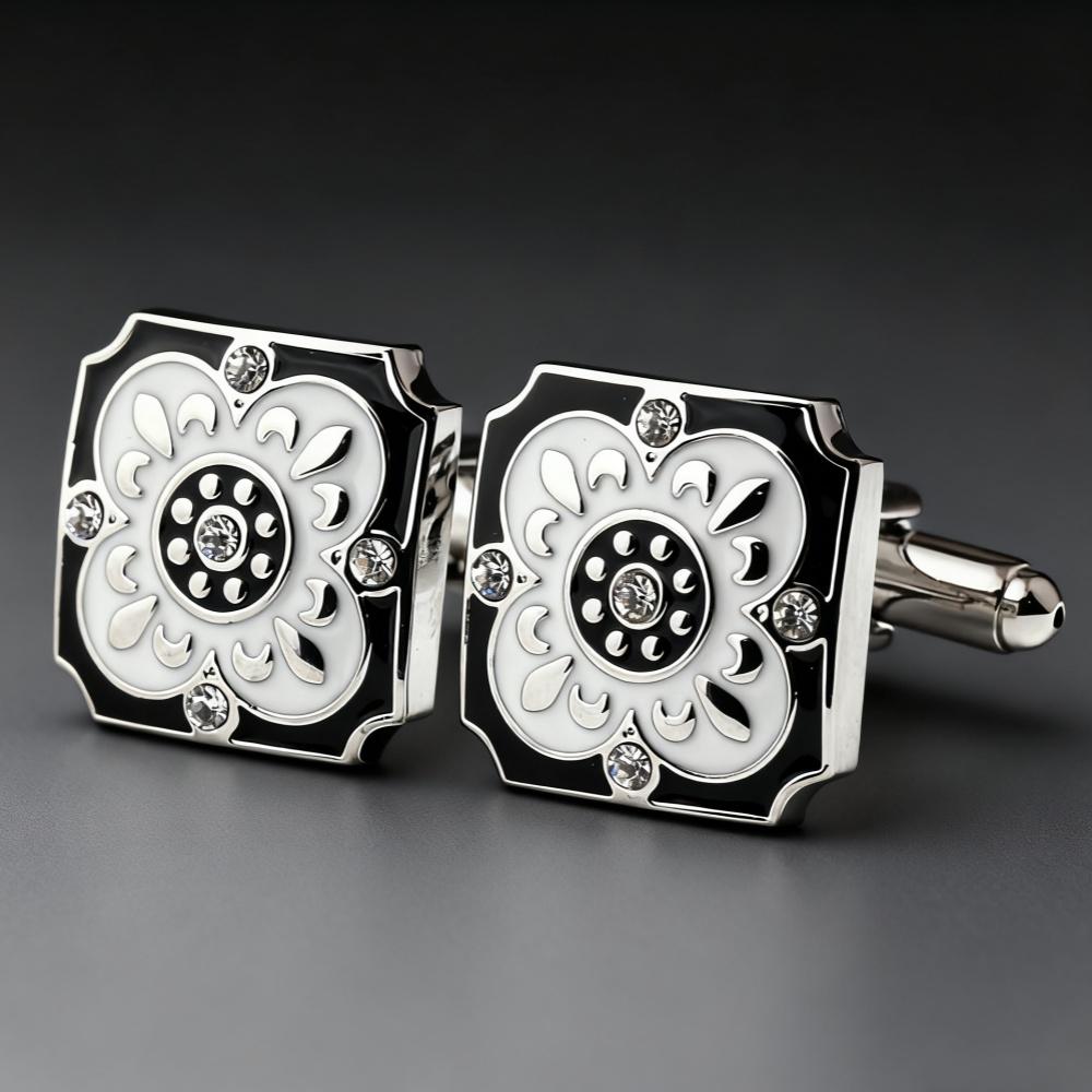 Men's Cufflink Set, Square Black and White Retro Carved Crystal Cufflinks, Paired with Gift Boxes.