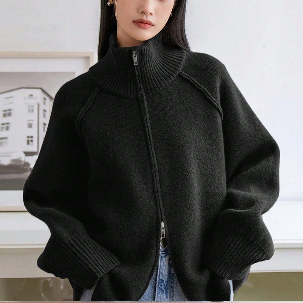 Solid Stand Collar Zip Knitted Cardigan Top Sweater Jacket