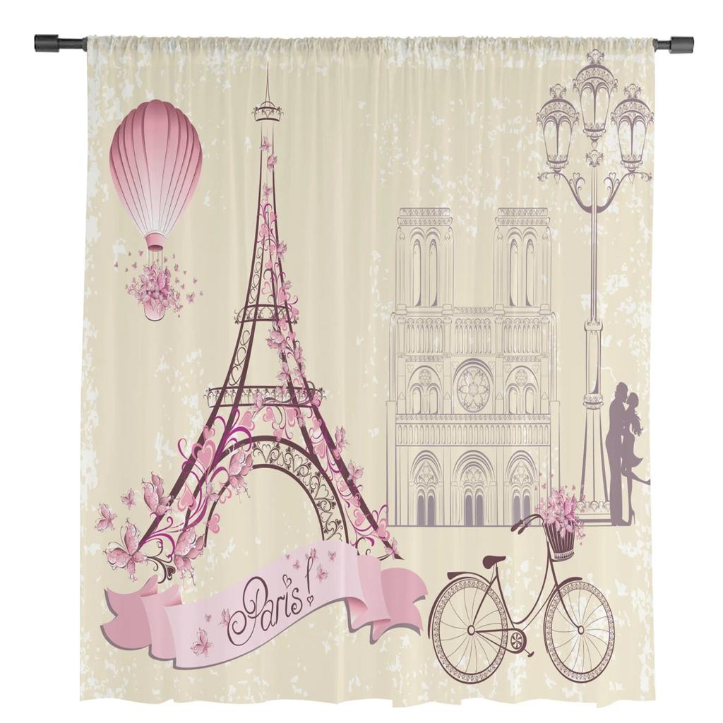 France Paris Tower Hot Air Balloon Bicycle Retro Tulle Curtains for Living Room Drapes Window Sheer Curtains for Bedroom Decor