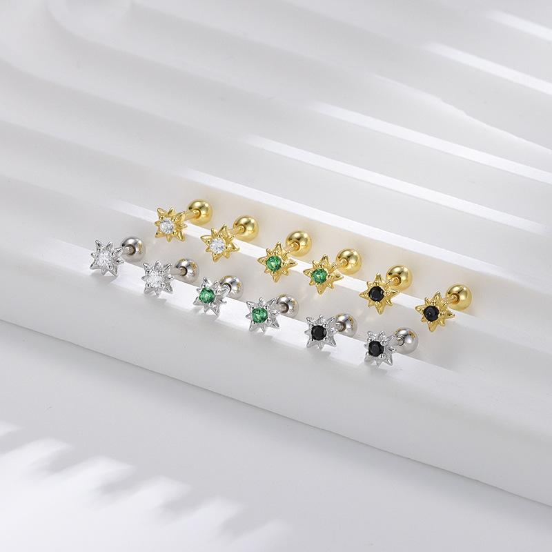 925 Sterling Silver Inlaid Zircon Star Screw Earrings for Women Fashionable Simple Temperament Silver Jewelry