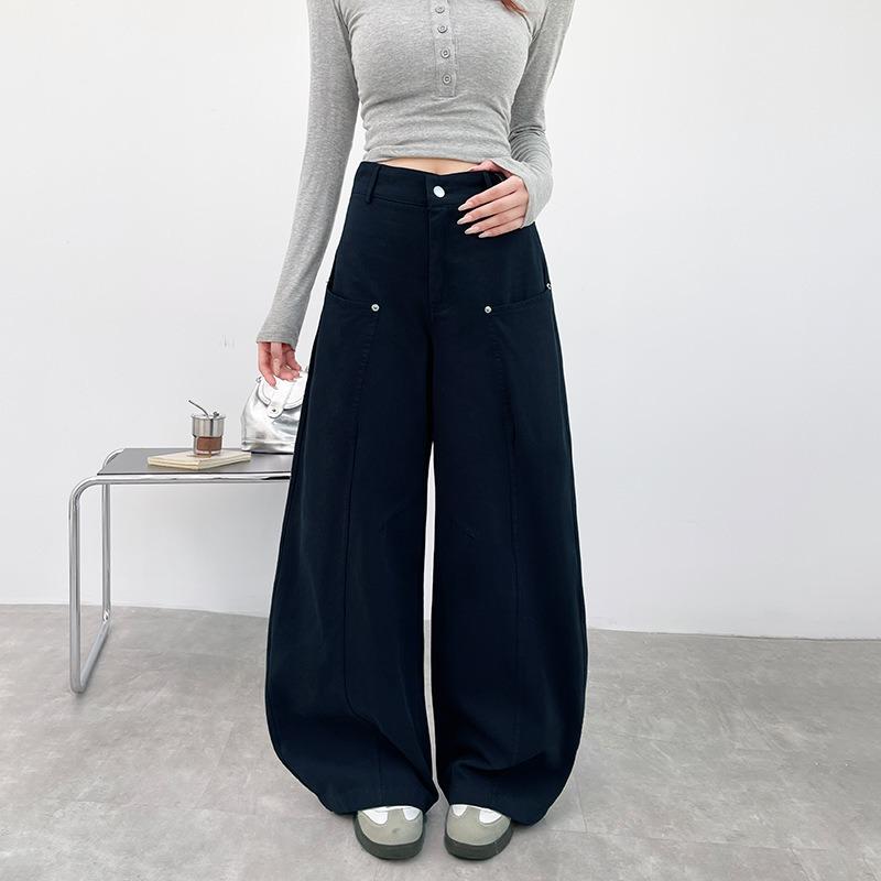 Cotton Navy Blue Rivet Tooling Jeans Women's Autumn New High-waisted and Thin Casual Scimitar Wide-leg Pants