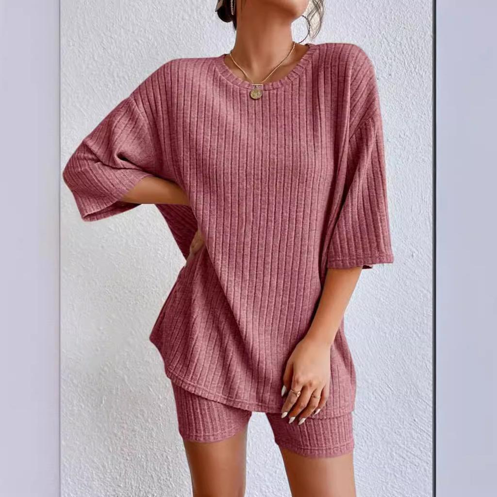 Fashionable Knitted Loose Casual Round Neck Summer Short Pants Top Set Women's Clothing Comfortable Breathable Solid Color