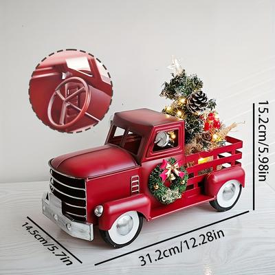 Decoração de Caminhão de Natal Vermelho Vintage com Luzes Piscantes Branco Quente - Estilo Rústico de Fazenda, Caminhonete de Metal com Árvore para Casa de Férias, Ideia de Presente Única