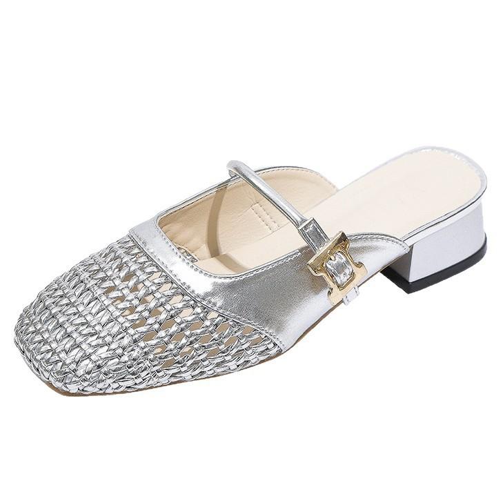 Wear Half Slippers 2025 New Hollow Bag Head Hollow Breathable Low Heel Inner Height Increase Woven Women's Summer High Heel Sandals