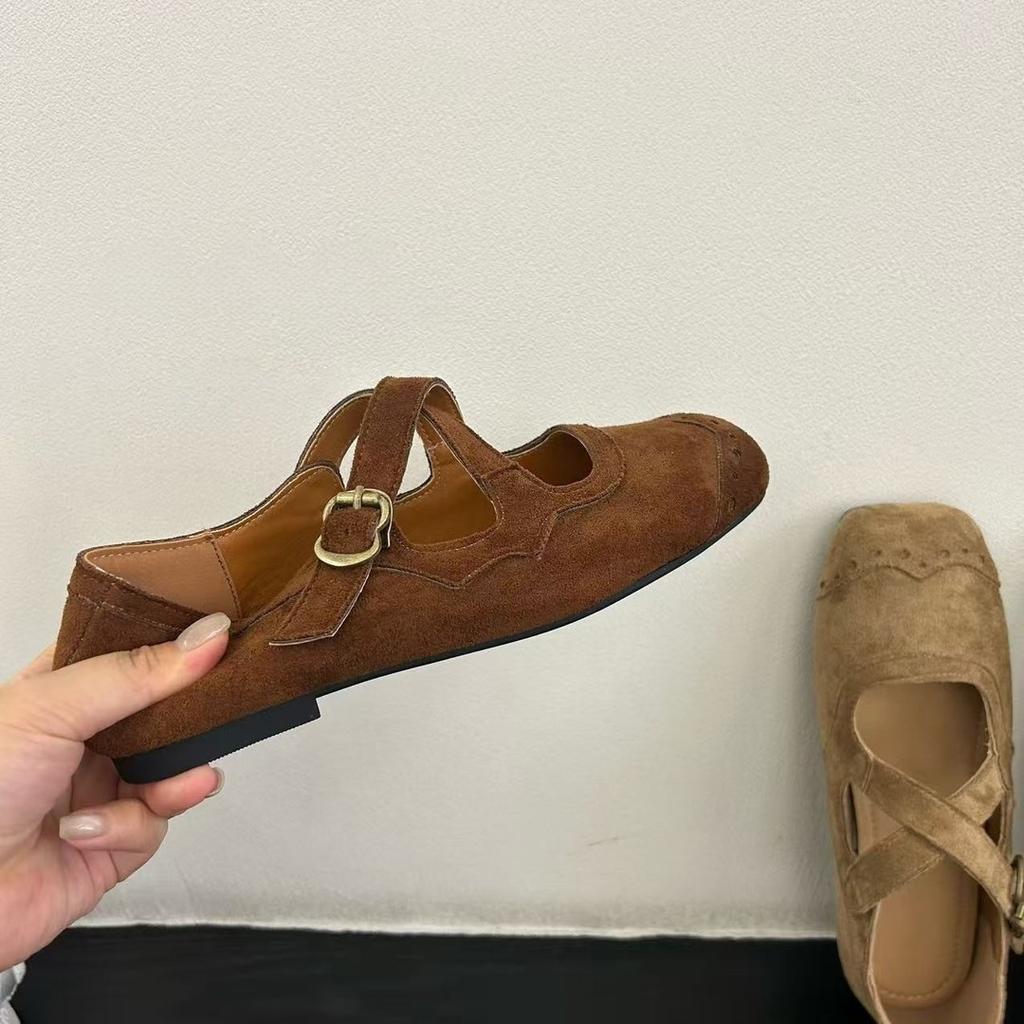 Vintage kwadratowy nosek krzyżujące się paski zamszowe buty Mary Jane buty damskie wiosna i jesień miękkie płaskie baleriny buty babci