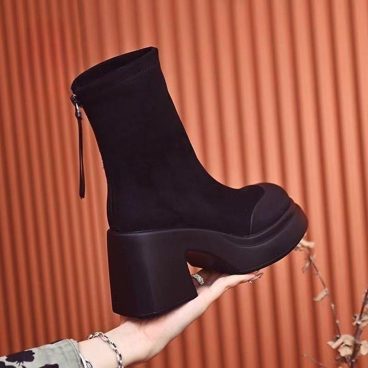 Women's boots Korean version thick heel waterproof platform women's soft sole height increasing splicing short tube boots