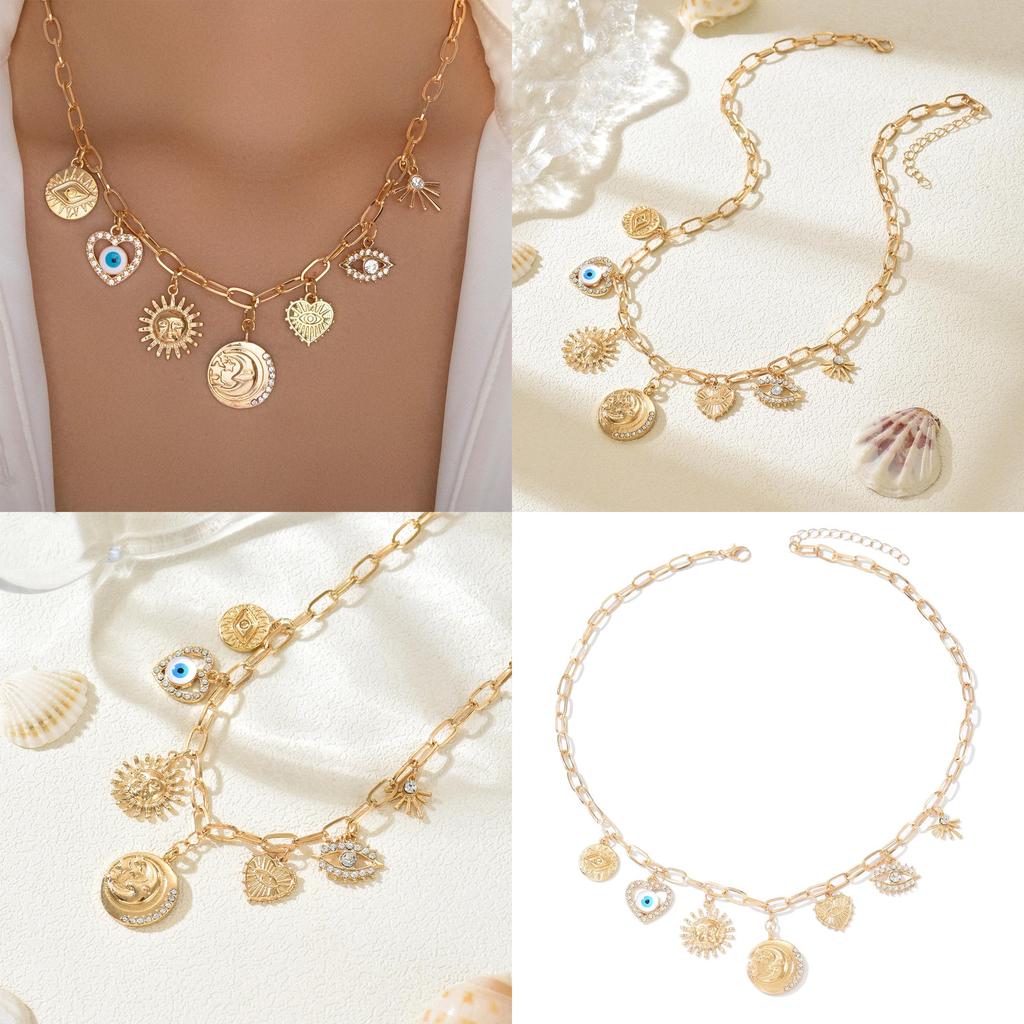 Devil Eye Heart Chain Necklace With Alloy Pendant And Geometric Star Design For Girls