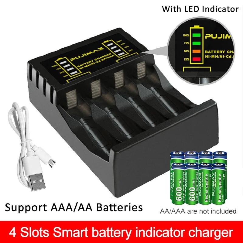 

Battery Charger for AAA/AA Rechargeable 4 Slot Batter Charger With LED Indicator Charger Cable for AA/AAA Ni-MH/Ni-Cd Batteries білий