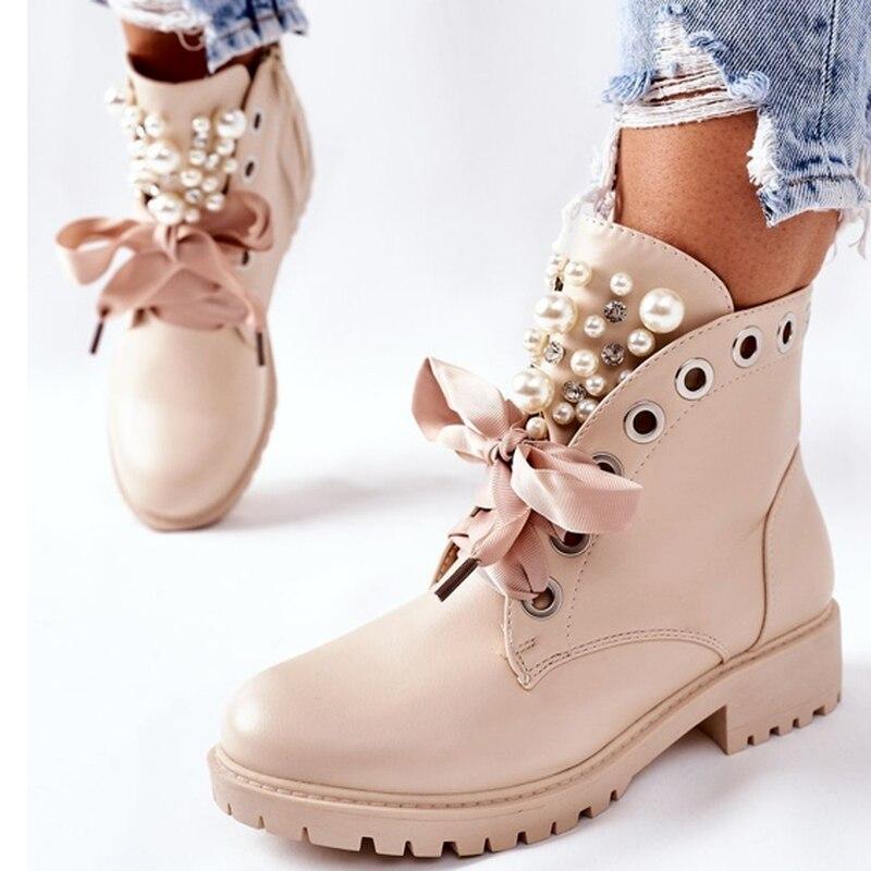 Botine scurte de damă din piele PU, toamnă 2021, cu platformă nouă, la modă, punk, cu șireturi, decorare cu perle, cizme de motocicletă pentru femei