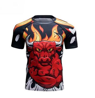 Men's Fitness Sportswear Short Sleeve Creative Printing Taekwondo Training Compression Shirt Sports Running Men's Round Neck