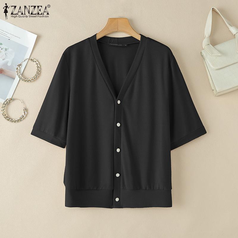 ZANZEA Women Casual V-Neck Solid Color Short Sleeve Blouse
